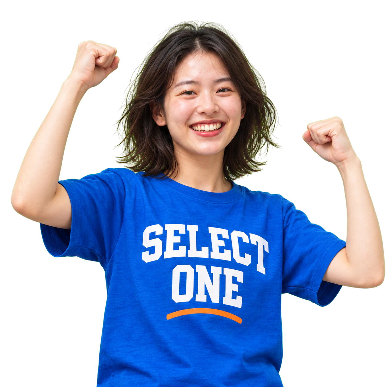 青いSELECT ONEのチームTシャツを着て、両手を上げて喜ぶ女性