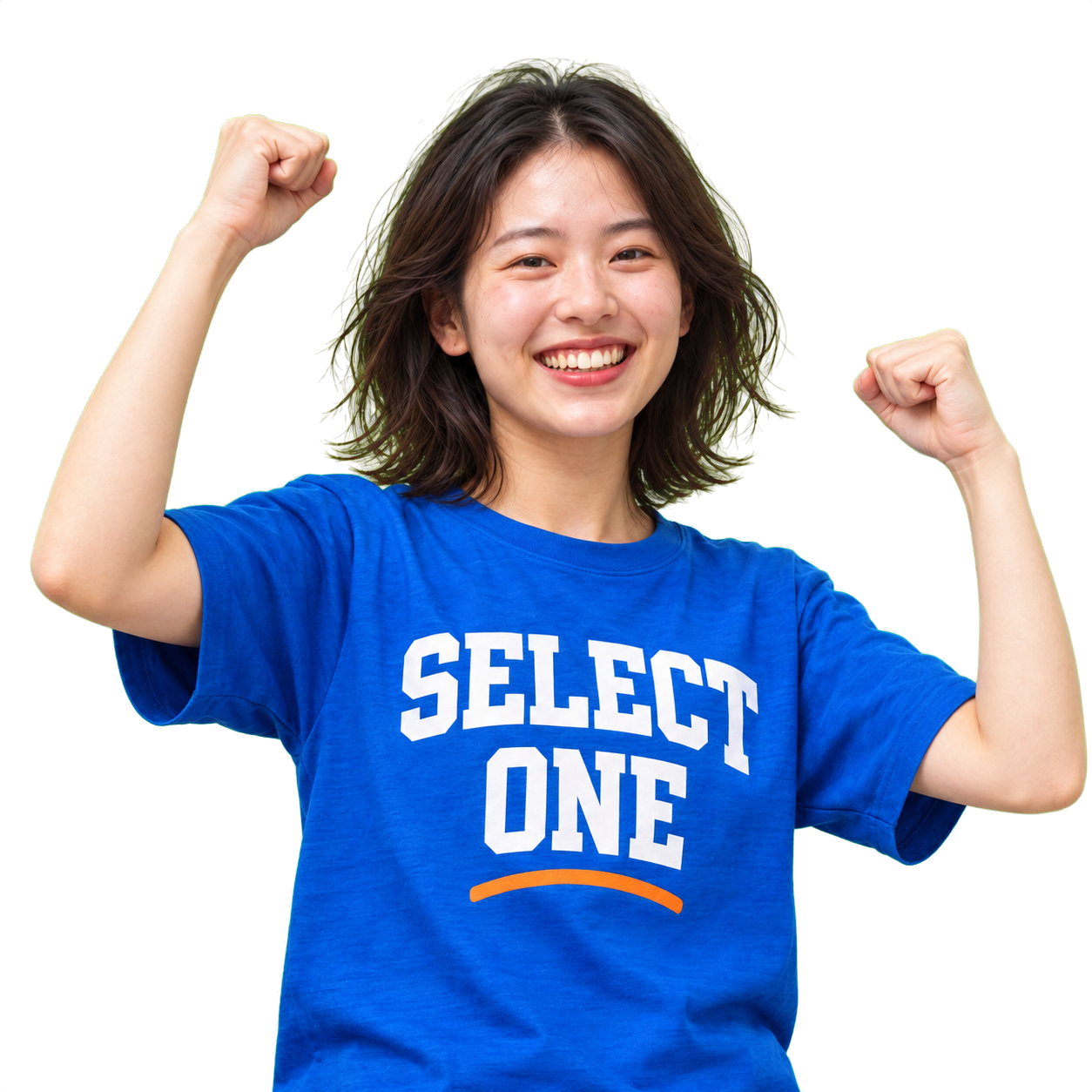 青いSELECT ONEのチームTシャツを着て、両手を上げて喜ぶ女性